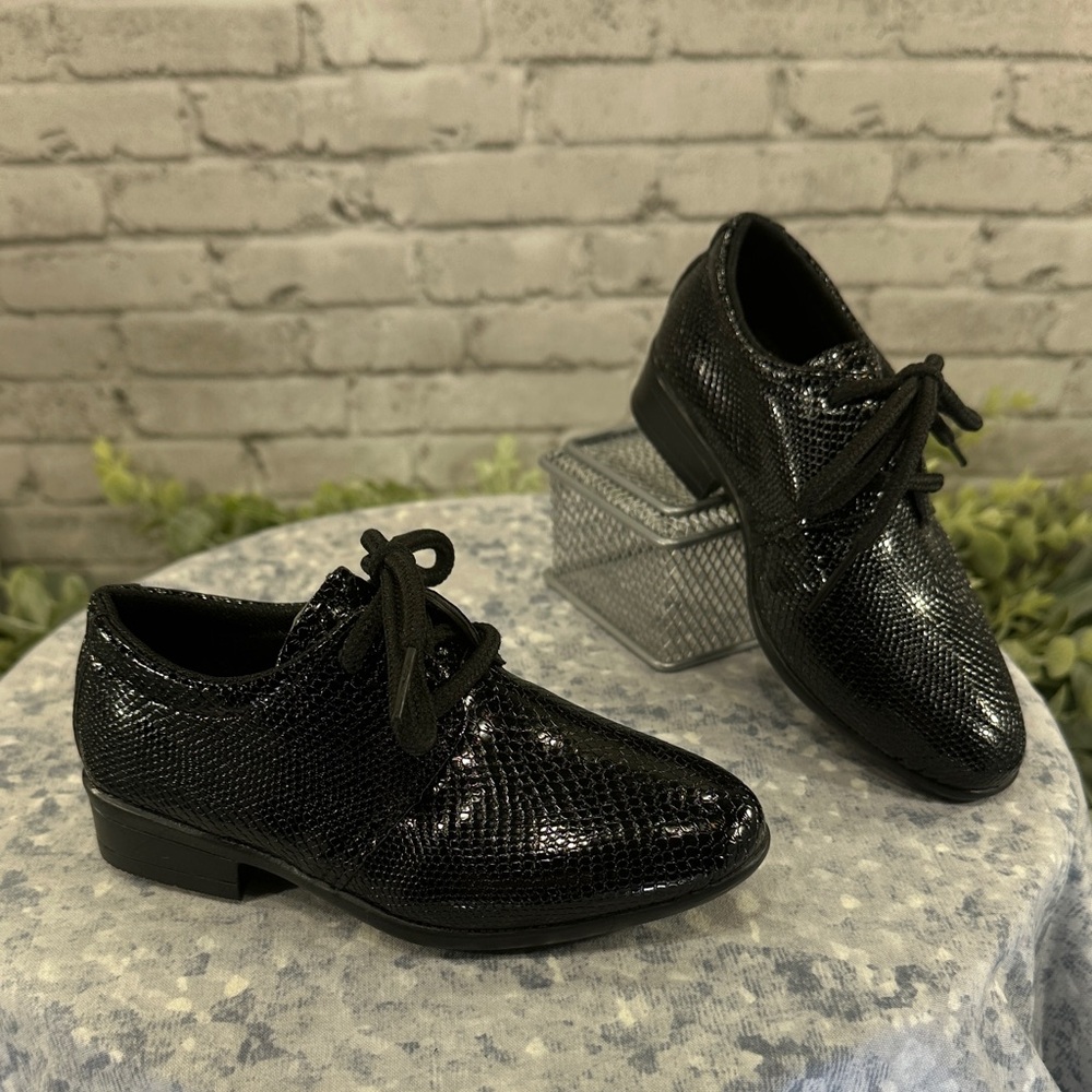 Glossy Black Reptile-Textured Almond Toe Dress Oxfords Toddler Boys 5.5🖤NWOT